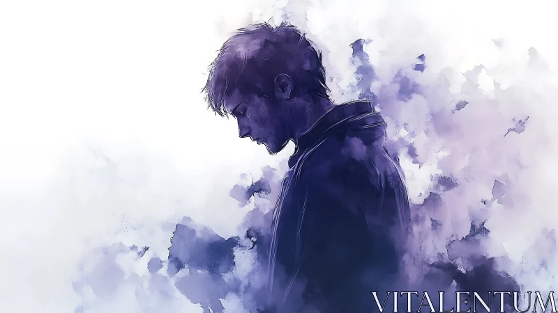 Solitary male profile in violet watercolor dispersion field