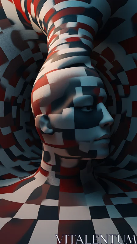 Parametric human bust wrapped in red, white and black checker distortion