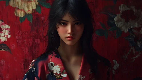 Portrait of a solemn woman framed by rich floral patterns.