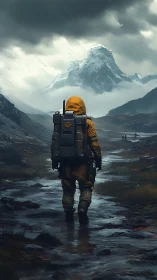 Lone trekker in yellow gear marches toward a stormy peak