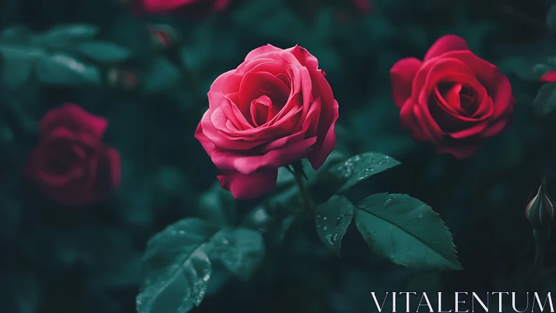 Vivid Pink Rose Blooms Against Moody Teal Garden. Nature.