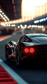 Futuristic black hypercar glows under cinematic circuit lights.