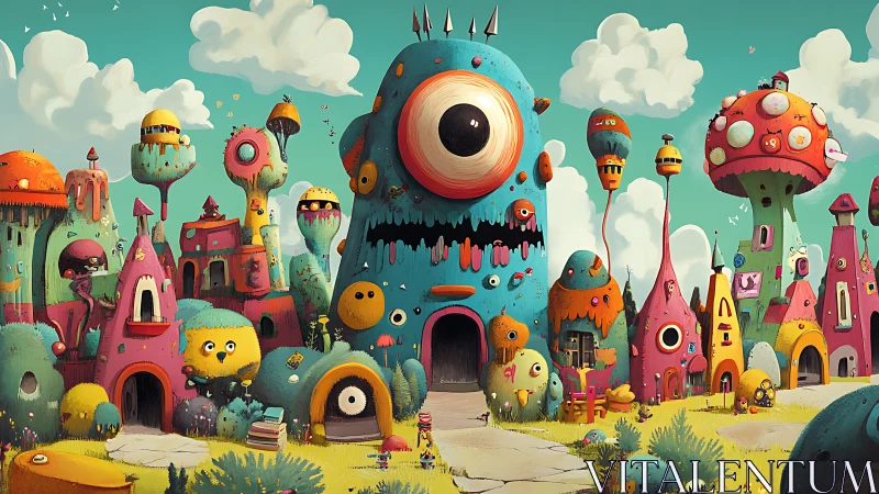 Candy-colored cyclops village dreams in playful monster towers.
