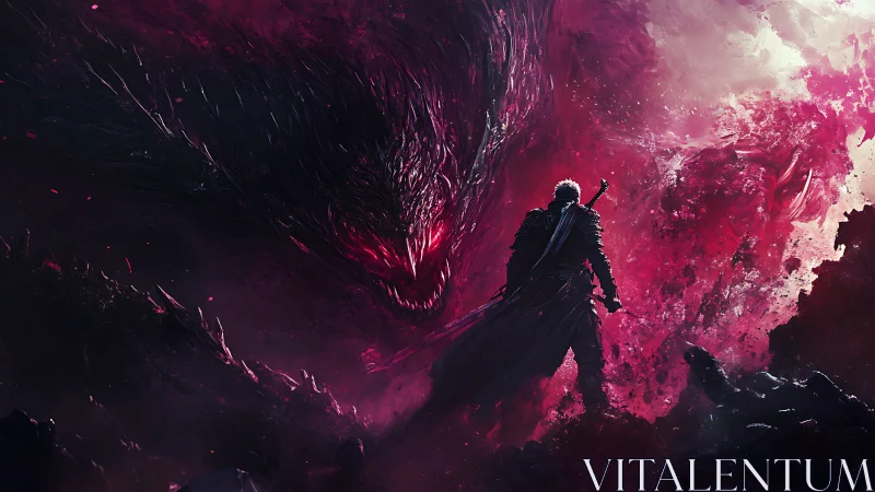 Solitary swordsman confronts colossal void-born demon in crimson storm