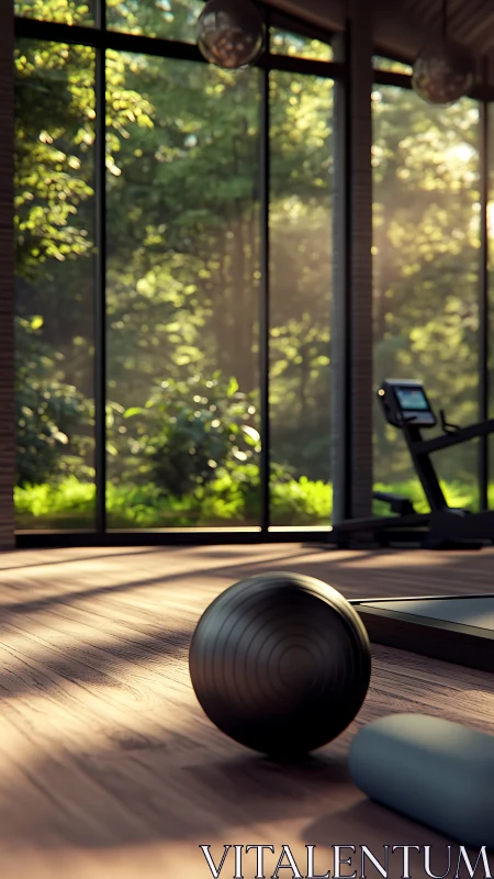 Sunlit gym interior overlooks dense exterior woodland