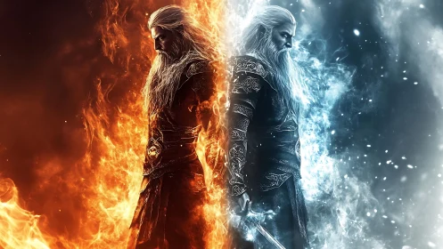 Elemental warrior stands between raging fire and frozen mist