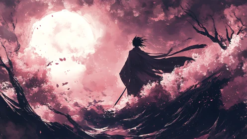 Lone warrior stands under vast moon in pink storm sky.
