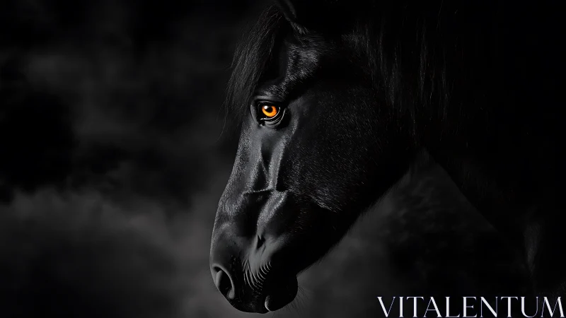 Black horse head in profile against dark blurred background