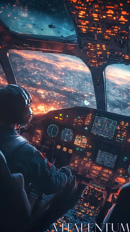 Futuristic pilot in illuminated cockpit over city lights.