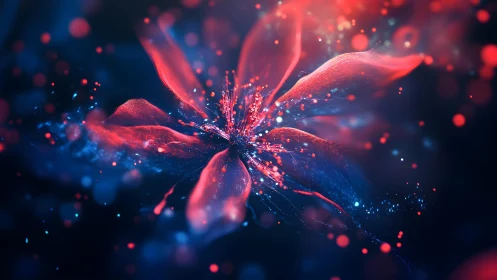 Abstract glowing flower in vivid blue and red bokeh digital art.