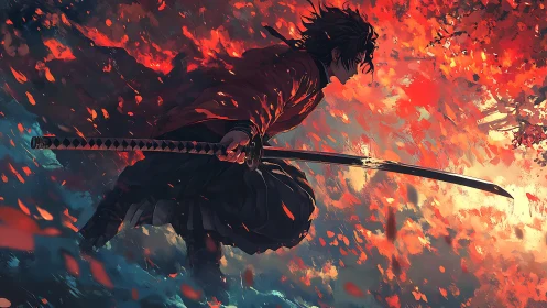 Autumn-lit swordsman poised in a swirl of fiery leaves.