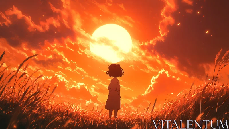 Backlit child silhouette observes volumetric sunset sky gradients