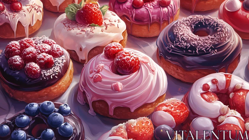 Glazed berry donuts arranged in lush pastel dessert spread.