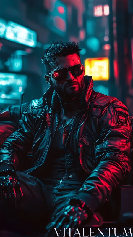 Cybernetic male subject in neon-lit urban alleyway at night