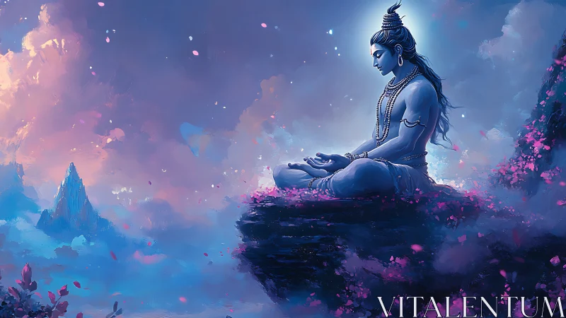 Meditating blue figure on cliff amid clouds and petals.