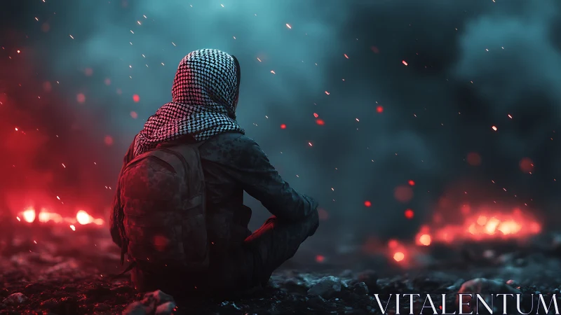 Solitary figure watches burning battlefield under smoky sky