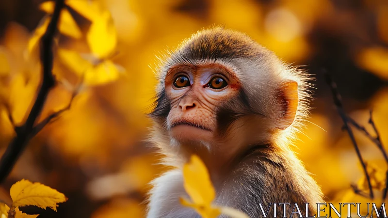 Young monkey in sharp focus against blurred autumn foliage.