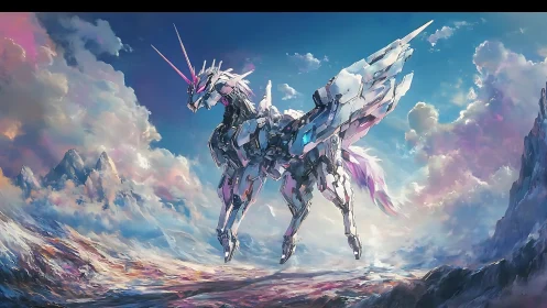 Mecha unicorn soars above luminous clouds in a fantasy sky