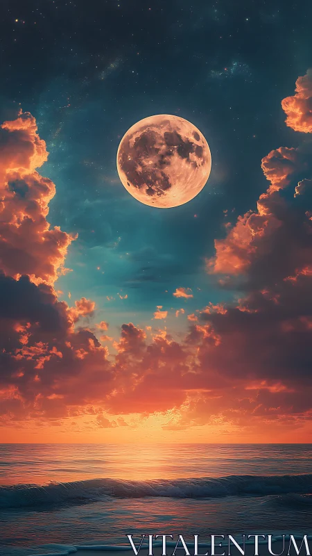 Full moon hangs over vivid sunset ocean horizon