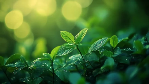 Sunlit green leaves glisten softly in a tranquil forest scene.