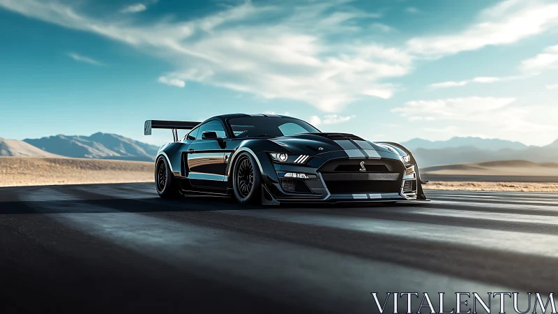 Photorealistic low-angle rendering of track-ready supercar on desert runway.