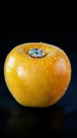 Golden apple cradles sparkling diamond ring in contrast.