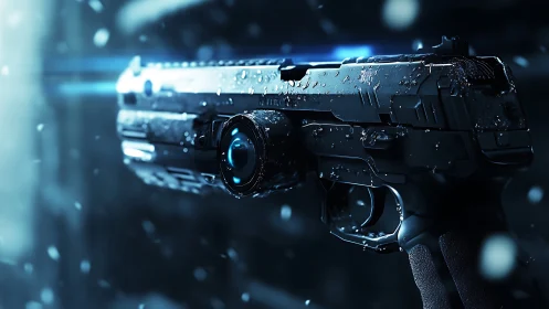 Futuristic wet pistol with optic module under cold cinematic lighting
