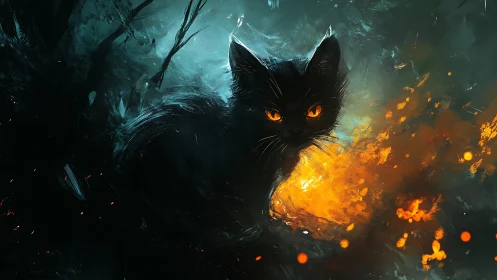 Black cat silhouette glows beside swirling inferno embers.