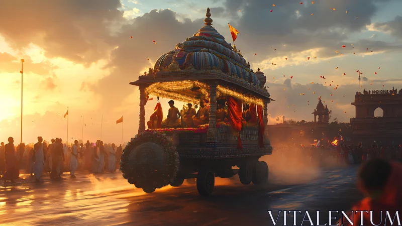 Sunlit temple chariot rolls through crowded festival plaza