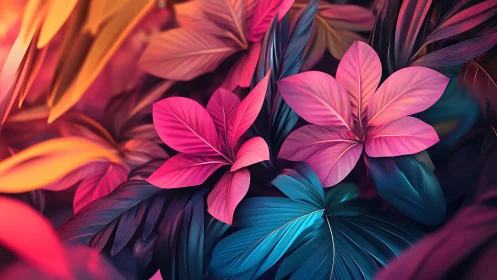 Neon Foliage: Vibrant Tropical Leaves in Digital Gradient.