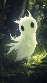 Gentle forest spirit glows softly in a dreamy green clearing