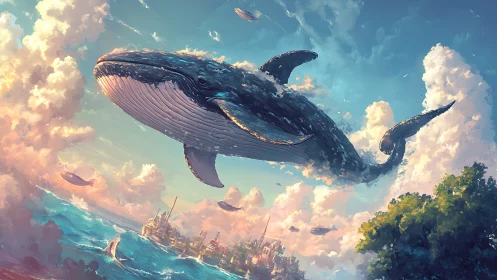 Majestic sky whale glides above ocean city at sunrise.