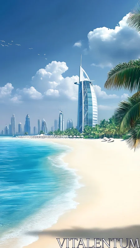 Modern waterfront skyline with beach and sail-shaped tower.