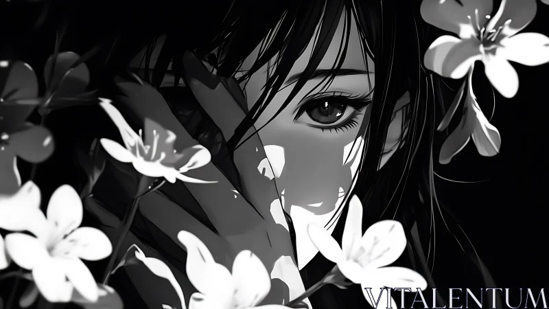 Quiet monochrome gaze framed by soft drifting blossoms.