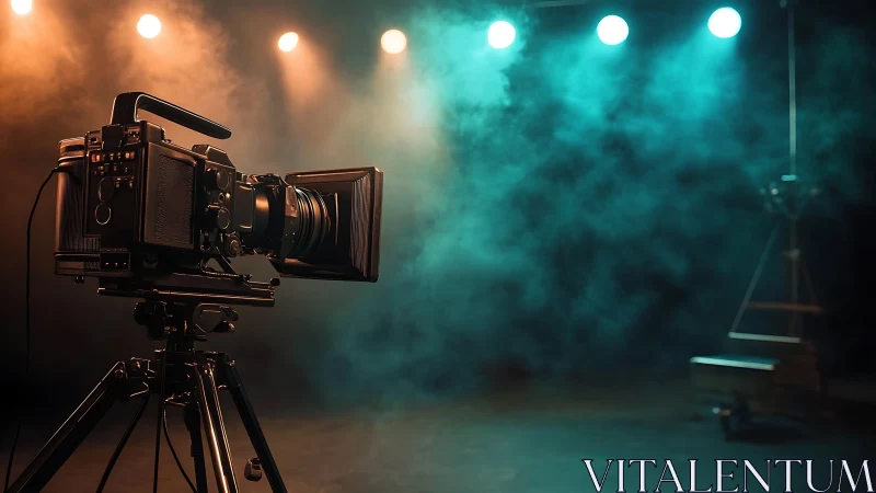 Cinema camera on tripod under teal and amber stage haze.