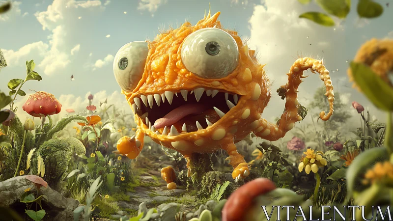 Hyper-textured citrus monster sprinting through floral biome.