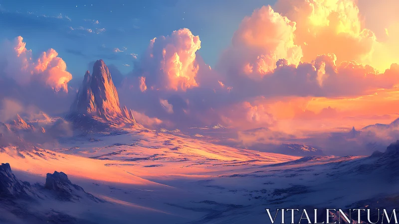 Iridescent alpine monolith beneath volumetric sunset cumulonimbus