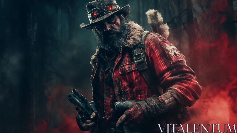 Brooding woodsman with shotgun in eerie crimson fogscape.