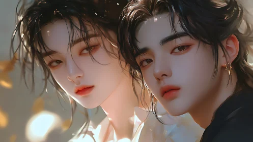 Soft-lit twin portraits with ethereal autumn glow.