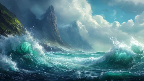Storm-tossed turquoise waves crash against towering seaside cliffs