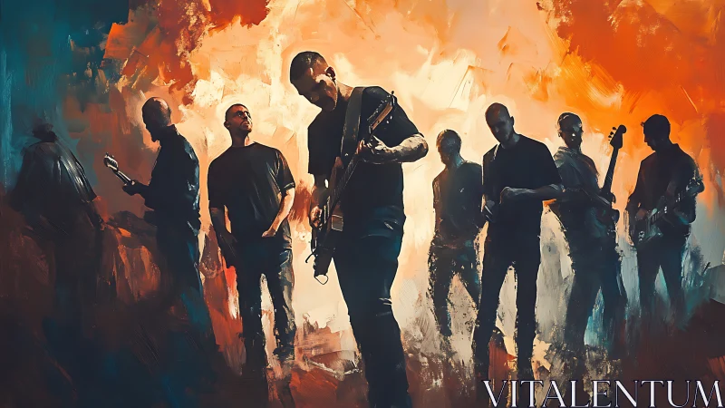 Rock band silhouettes stand with guitars against fiery backdrop