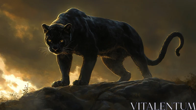 Black Panther on Rocky Elevation with Golden Atmospheric Lighting.