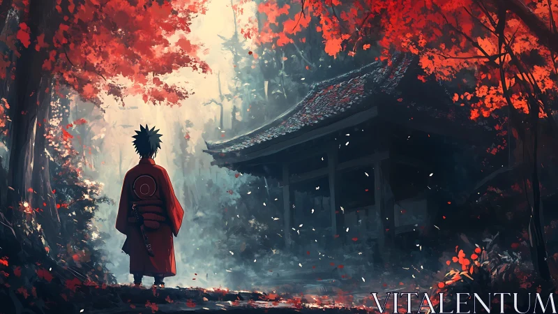 Solitary robed figure before misted shrine in crimson forest