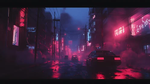 Neon storm drifts through rain‑slick cyberpunk backstreet night.
