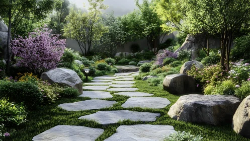 Sunlit stone path gently wanders through a tranquil garden