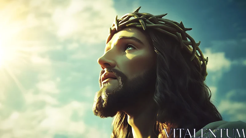 3D render shows robed man with thorn crown looking upward