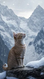 Ginger cat watching snowfall in dramatic mountain pass.