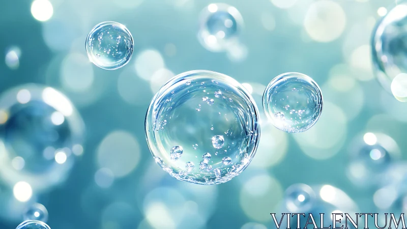 Suspended transparent bubbles over defocused aqua background.