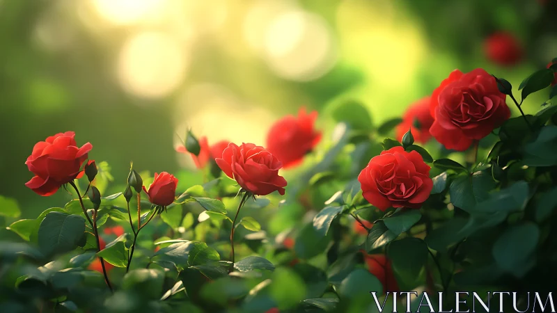 Sunlit garden roses glowing softly in a dreamy green haze.