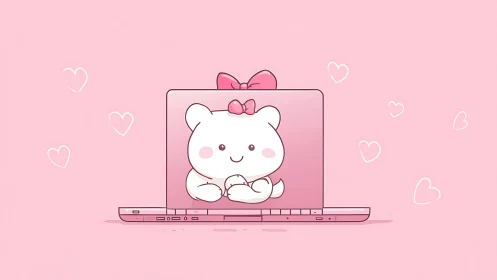 Cartoon bear with bow centered on pink laptop screen